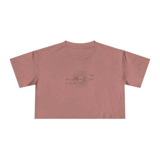 Women's Crop Tee — 'I am Replenished, as I Give.' Floral Graphic Crop Top