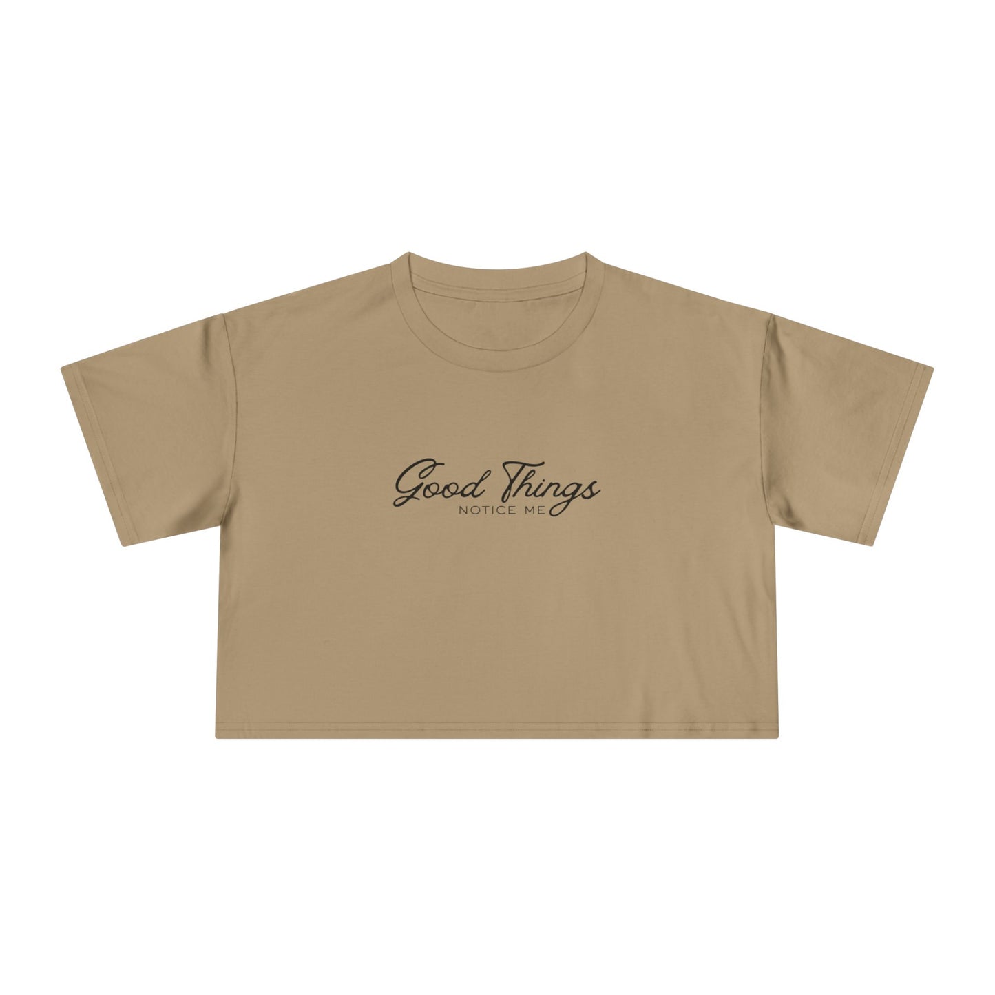 Crop Tee — 'Good Things' Minimal Script Front, 'NORTH' Pink Graphic Back