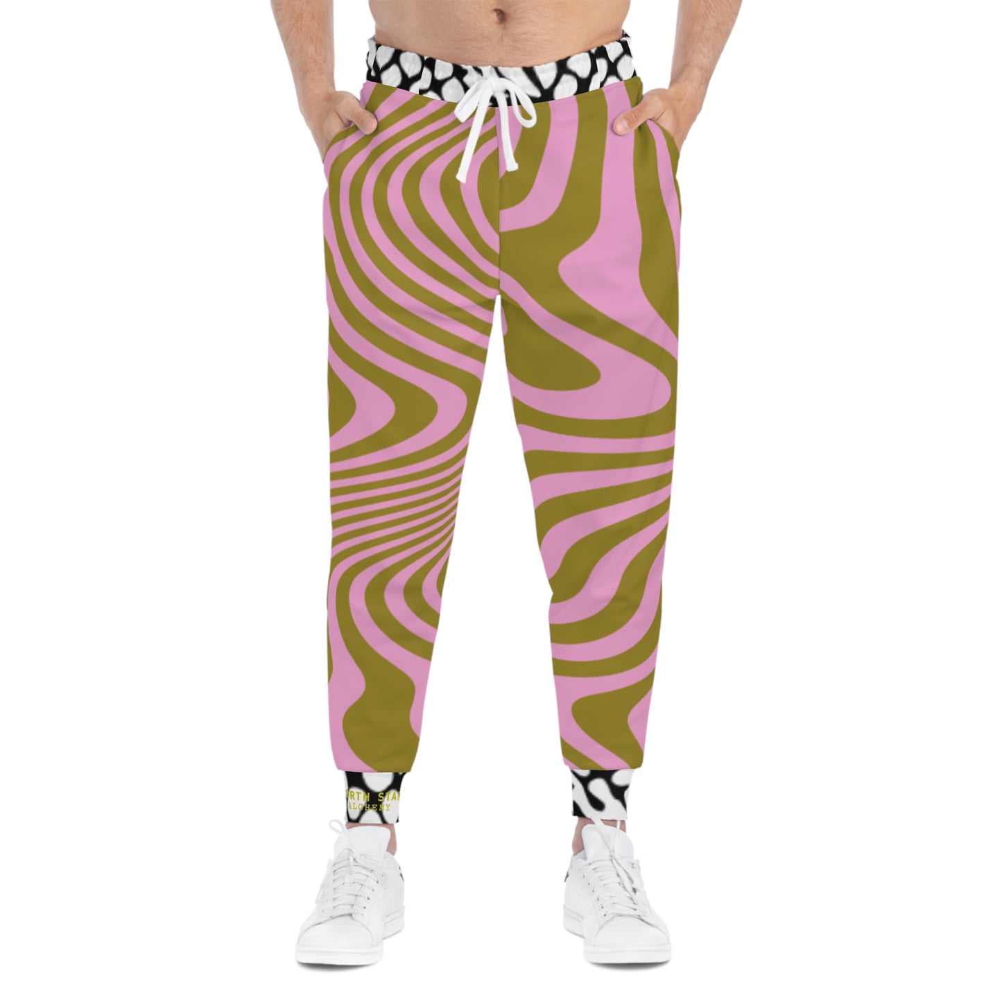 Very Busy Psychedelic Wave Joggers — Retro Pink & Olive All-Over Print Athletic Sweatpants