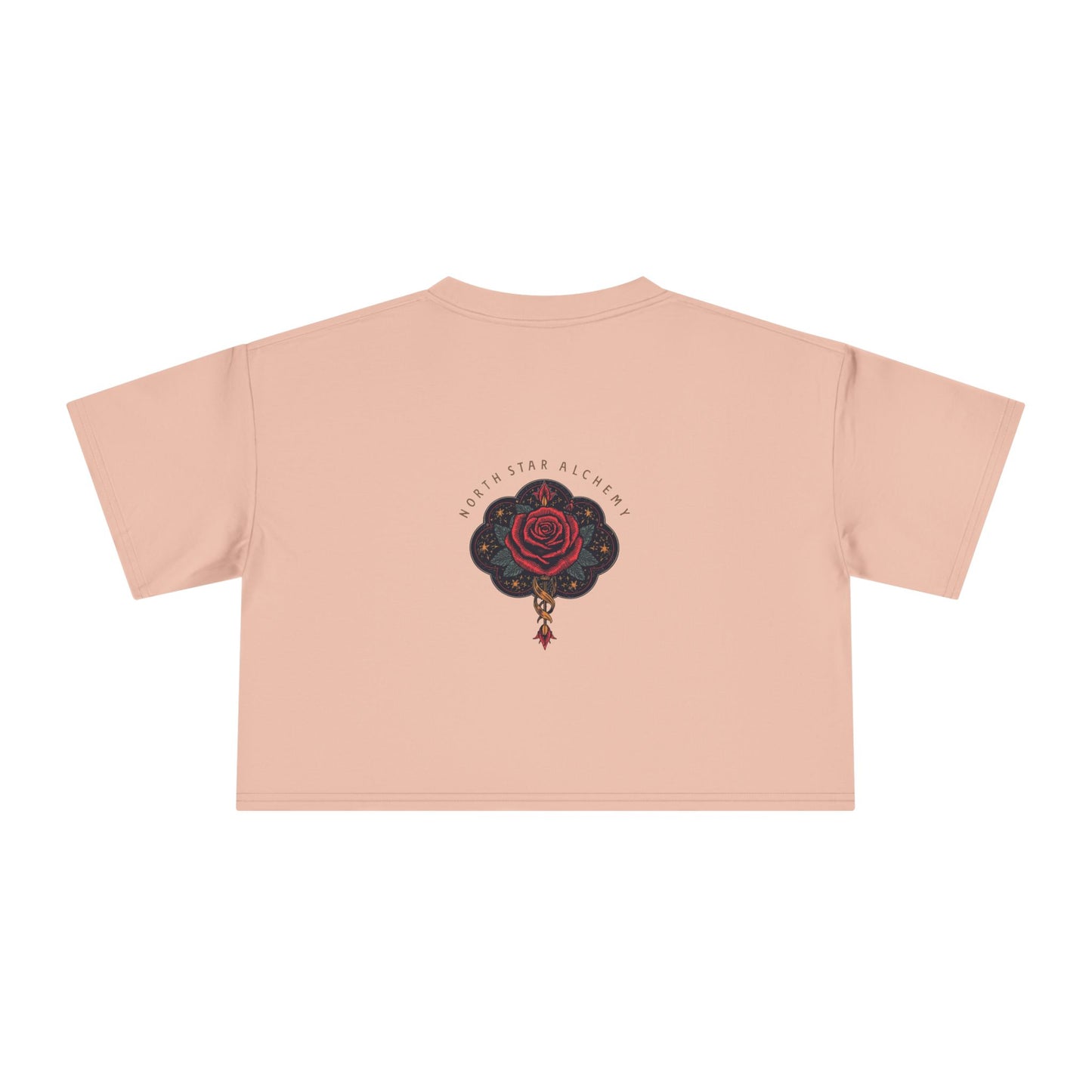 Crop Tee — 'Good Things' Minimal Script Front, 'NORTH' Pink Graphic Back