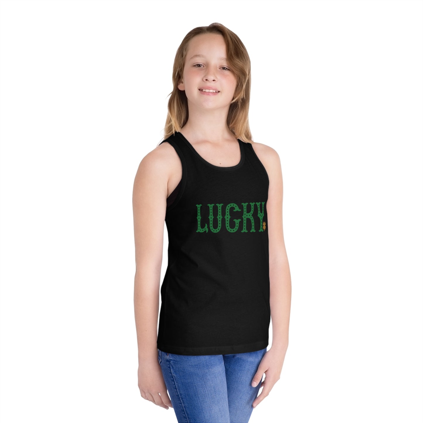Lucky Kids Tank Top — 'Lucky' with Shamrock Youth Jersey Tank (St. Patrick's Day)