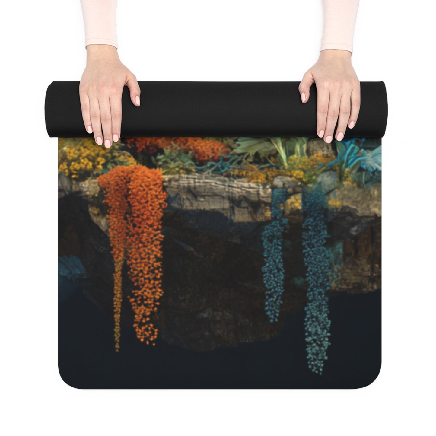 Mushy Mushroom Fantasy Rubber Yoga Mat — Vibrant Orange & Teal Fungi Forest Design