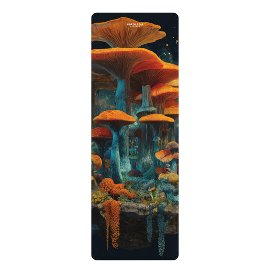 Mushy Mushroom Fantasy Rubber Yoga Mat — Vibrant Orange & Teal Fungi Forest Design