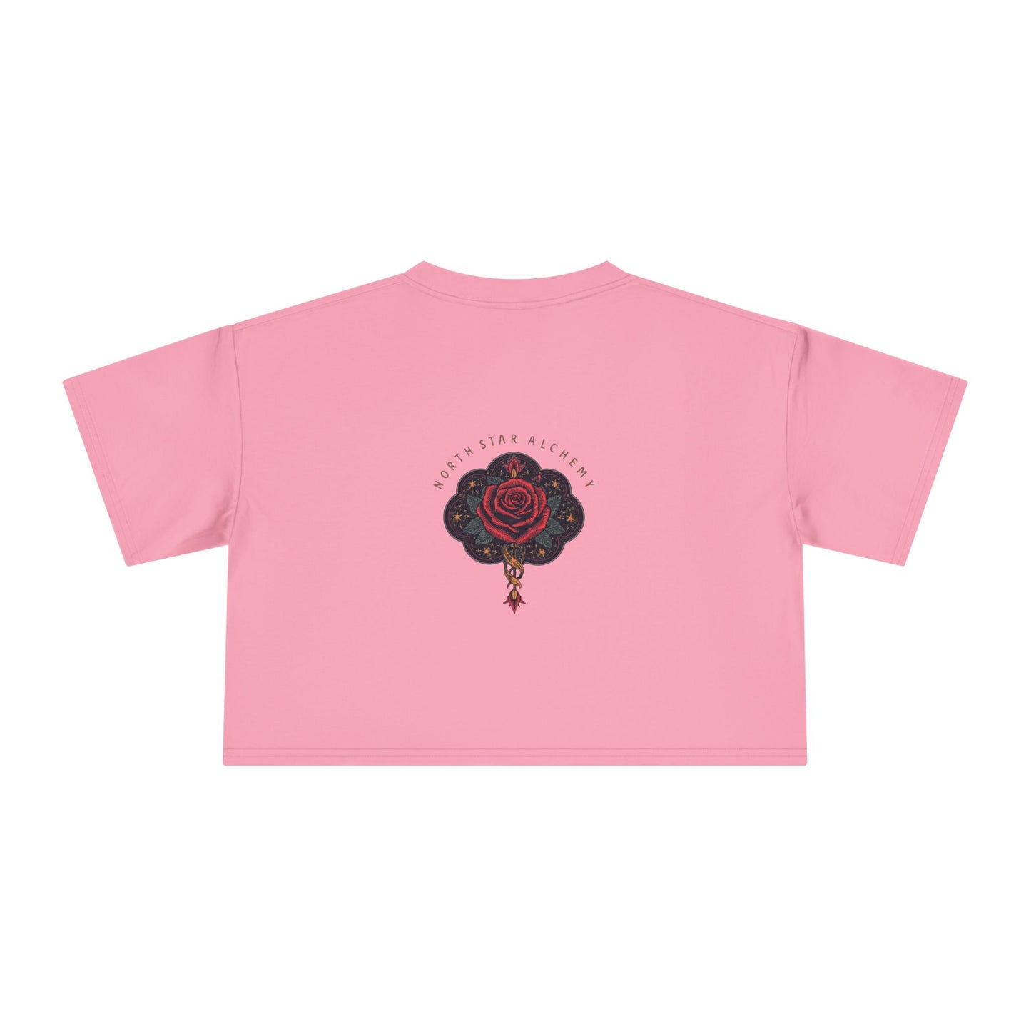 Crop Tee — 'Good Things' Minimal Script Front, 'NORTH' Pink Graphic Back