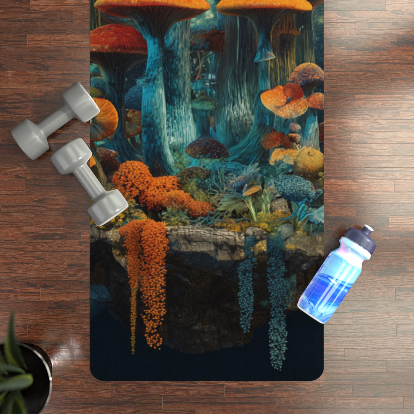 Mushy Mushroom Fantasy Rubber Yoga Mat — Vibrant Orange & Teal Fungi Forest Design