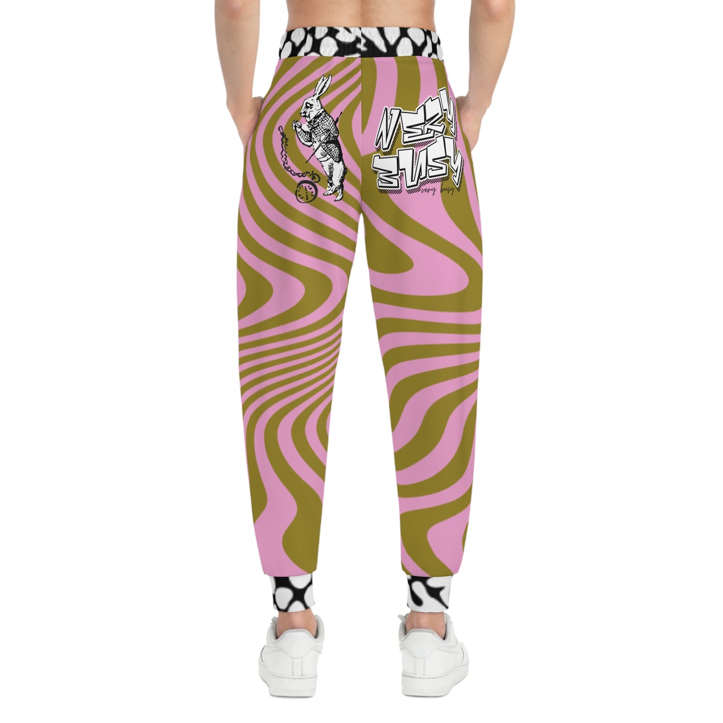 Very Busy Psychedelic Wave Joggers — Retro Pink & Olive All-Over Print Athletic Sweatpants