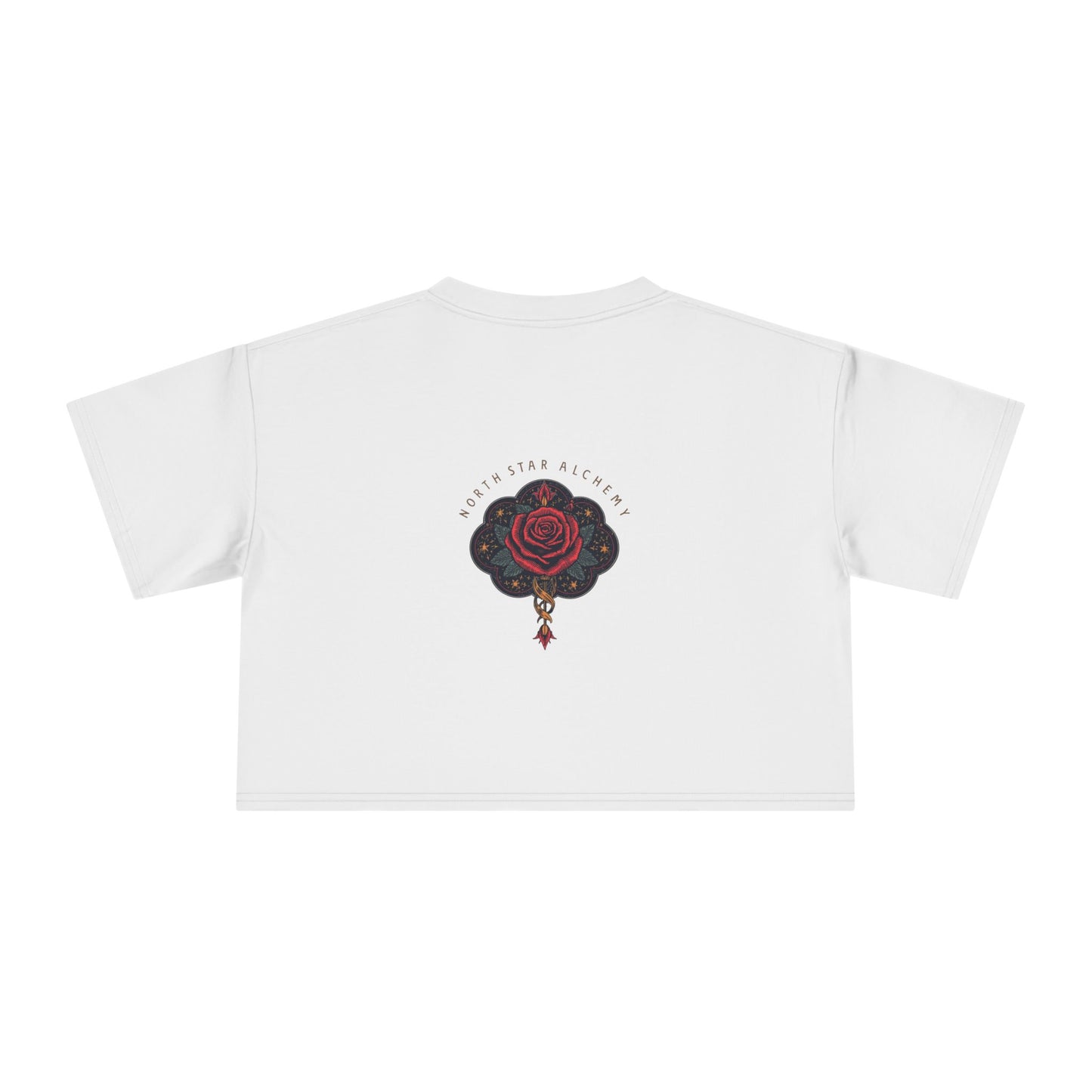 Crop Tee — 'Good Things' Minimal Script Front, 'NORTH' Pink Graphic Back