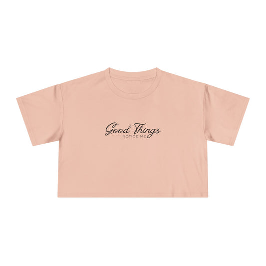 Crop Tee — 'Good Things' Minimal Script Front, 'NORTH' Pink Graphic Back