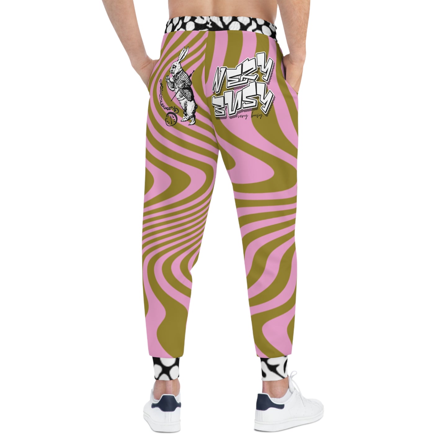 Very Busy Psychedelic Wave Joggers — Retro Pink & Olive All-Over Print Athletic Sweatpants