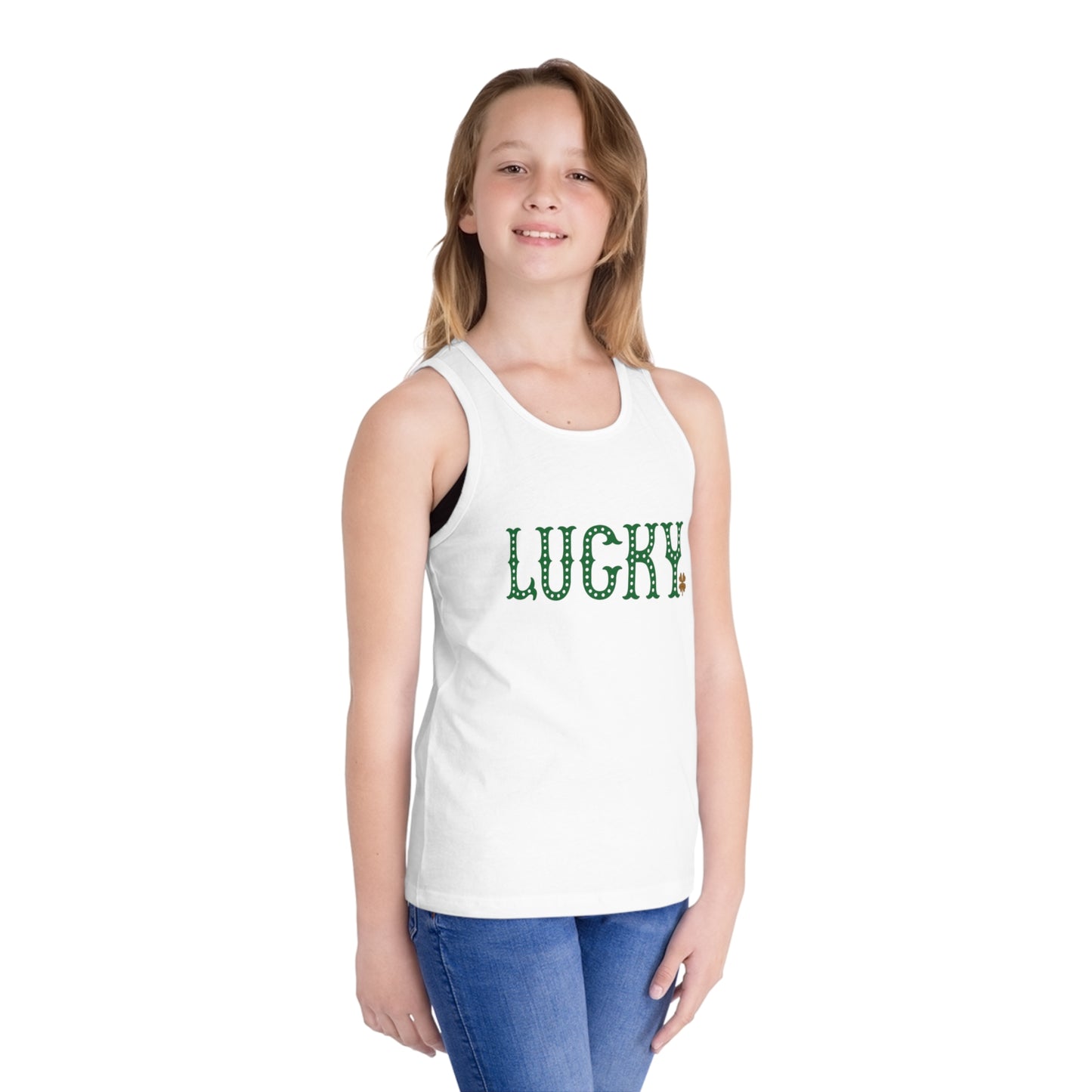 Lucky Kids Tank Top — 'Lucky' with Shamrock Youth Jersey Tank (St. Patrick's Day)